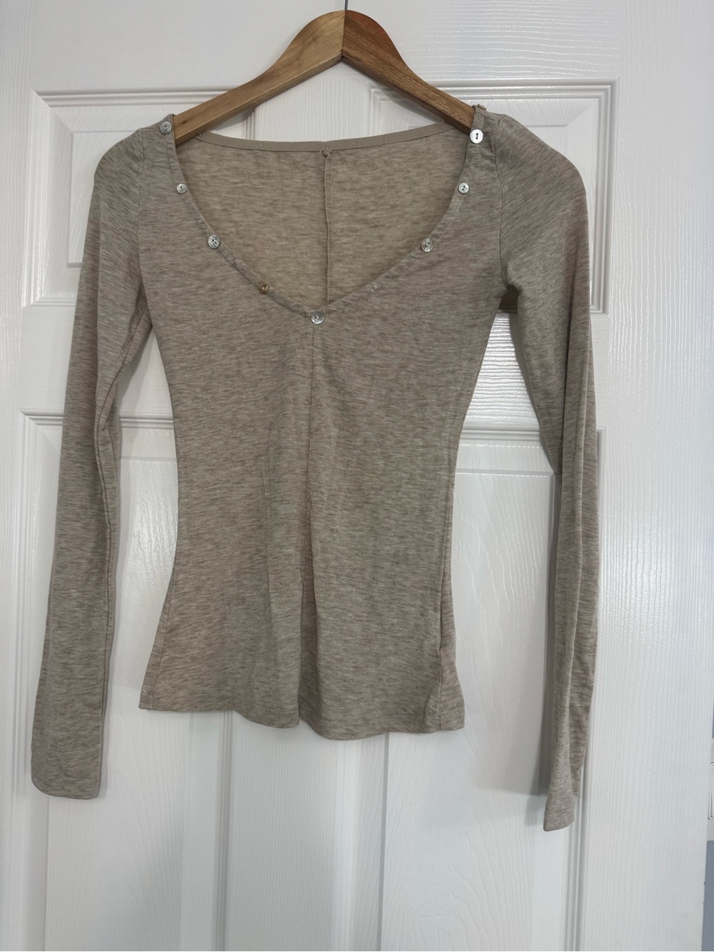 Slim Fit Long-Sleeve V-Neck Top with Button Trim - Taupe